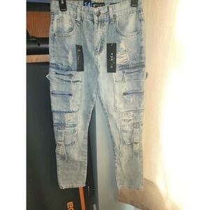 NWT Waimea Jeans Boys 14 Ligh Denim Slim Tapered Stacked Fit Multi Cargo Pockets